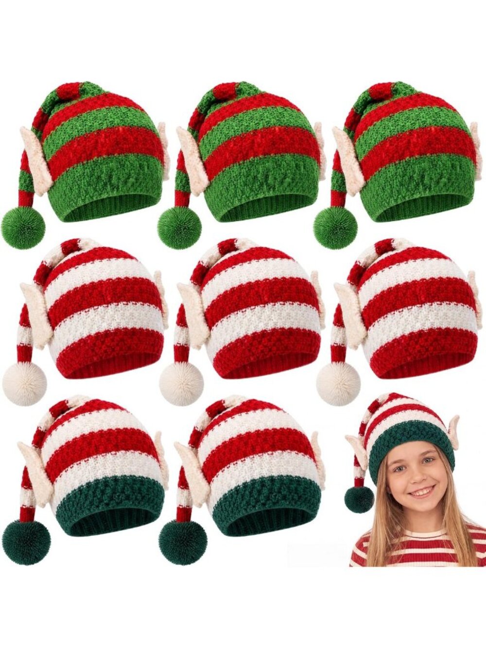 Festive Striped Knitted Christmas Hats, Elf Beanie with Pompom for Holiday Cheer